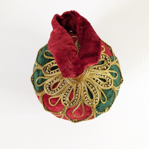 VTG Bombay Co. Christmas Ornament Velvet Red Green Gold Braid Bead Ball - Picture 2 of 10
